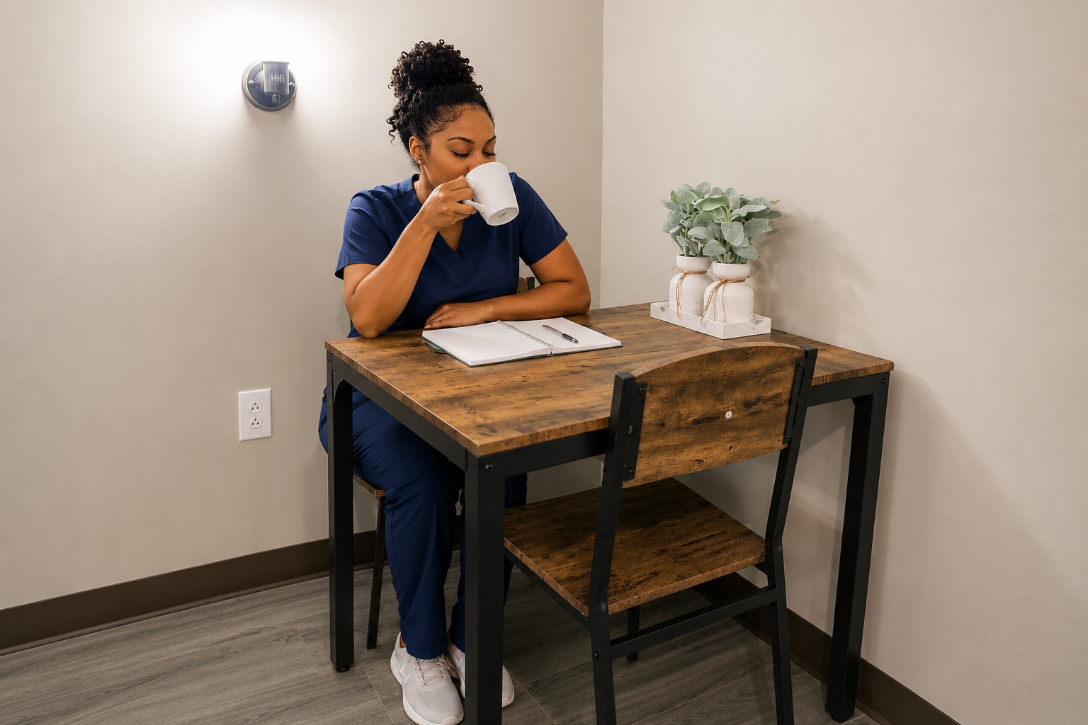 Healthcare professional enjoying coffee at a table inside an affordable studio apartment near Nashville at Rudy Studio Apartments.